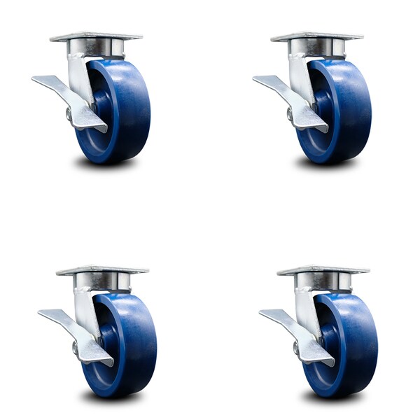 Service Caster 6 Inch Kingpinless Solid Poly Wheel Swivel Caster Set with Brakes SCC-KP30S620-SPUR-SLB-4 - main